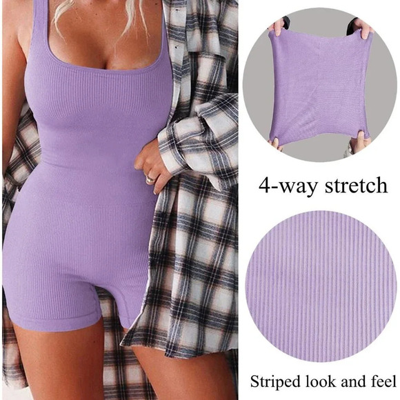Women Purple Jumpsuit, Bodycon Seamless Yoga Ribbed Active Romper, Rompers - Picture 6 of 7